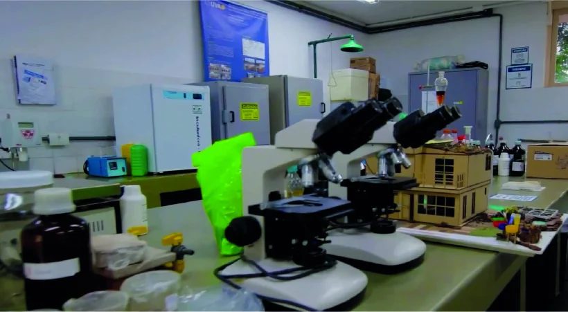 Foto detalhando dois microscópios e uma maquete em um dos laboratórios do campus Cabo Frio da UVA